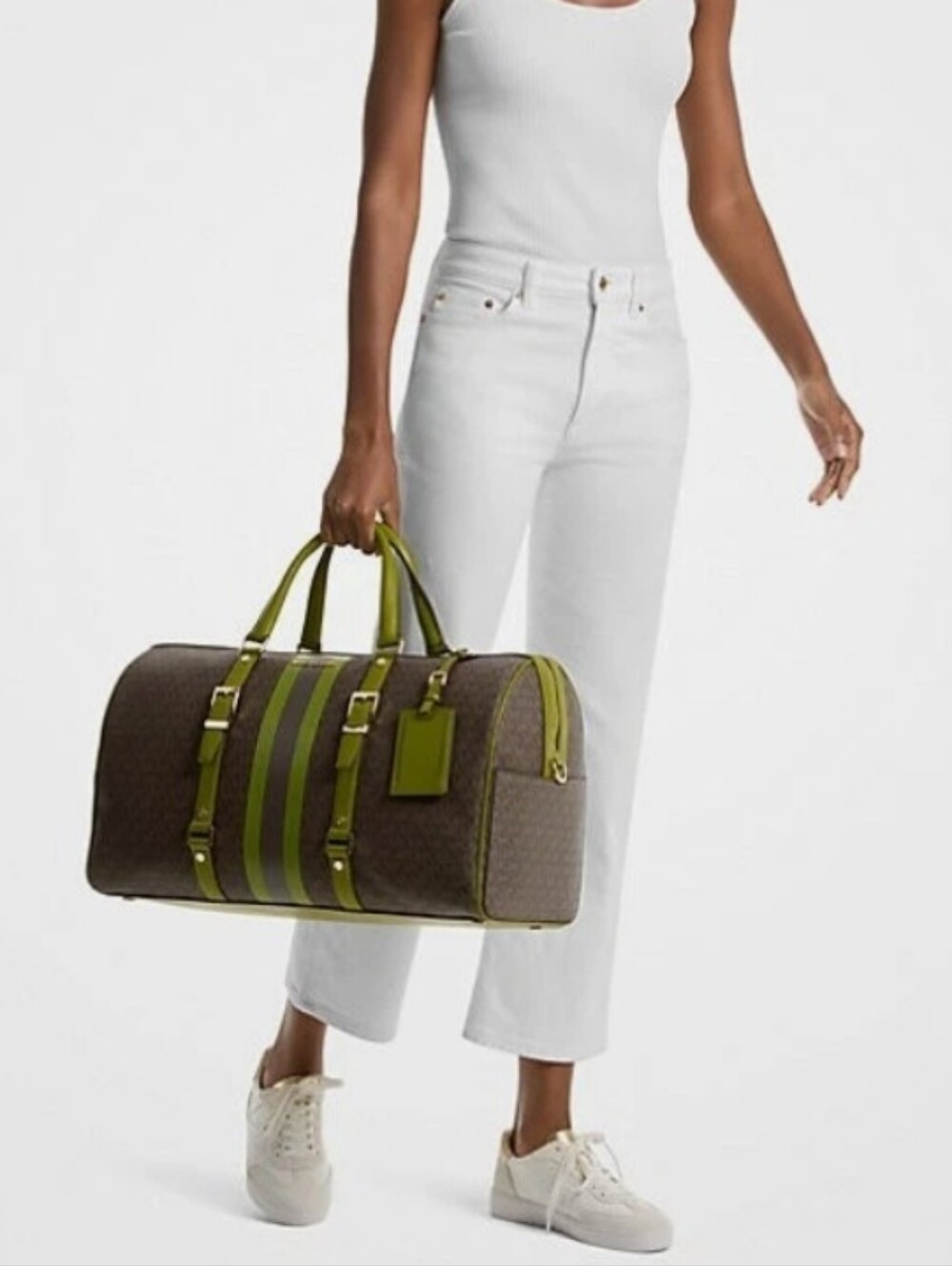 Michael Kors Bedford Signature Logo Stripe Weekender Bag in Green/Brown - Picture 2 of 5
